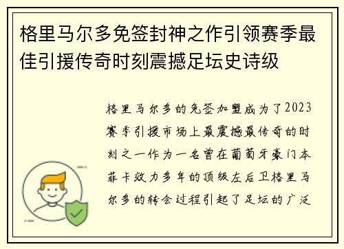 格里马尔多免签封神之作引领赛季最佳引援传奇时刻震撼足坛史诗级
